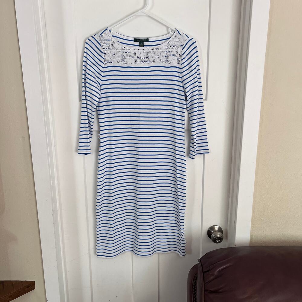Lauren Ralph Lauren Striped Lace Yoke Sheath Dress White Blue Medium
